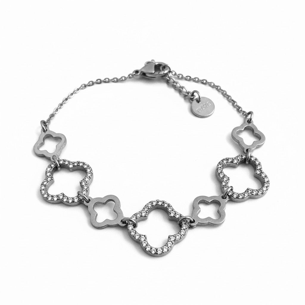 Χονδρικό ατσάλινο βραχιόλι με τετράφυλλα και strass, κωδ. 1-501-3142 — So Cute by Dimi