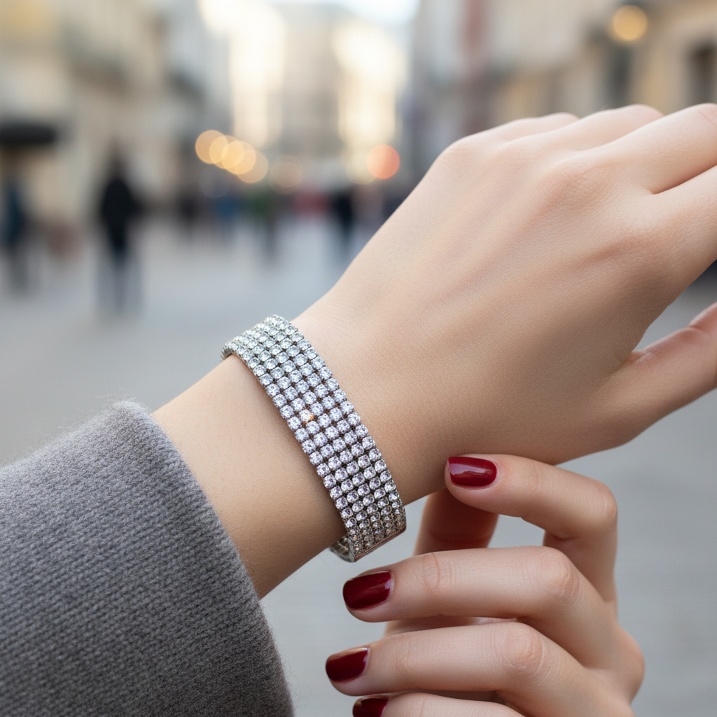 Χονδρικό ατσάλινο statement cuff βραχιόλι με πολλαπλές σειρές ζιργκόν — So Cute by Dimi, κωδ. 1-501-3143