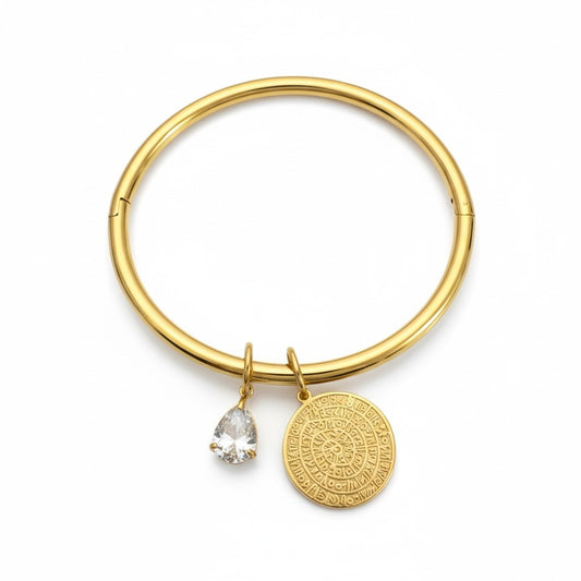 Ατσάλινο bangle βραχιόλι με δίσκο Φαιστού και ζιργκόν So Cute by Dimi 1-501-3166