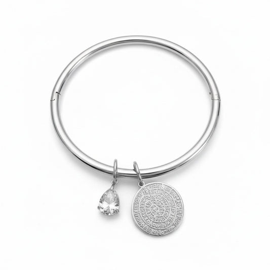 Ατσάλινο bangle βραχιόλι με δίσκο Φαιστού και ζιργκόν So Cute by Dimi 1-501-3166