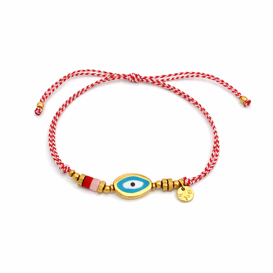 Χειροποίητο βραχιόλι Μάρτης με μάτι, ατσάλινα στοιχεία και κόκκινο-λευκό κορδόνι So Cute by Dimi