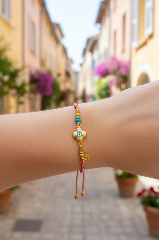 Χειροποίητο βραχιόλι Μάρτης με ατσάλινο σταυρό με μάτι και κρεμαστό δίσκο So Cute by Dimi