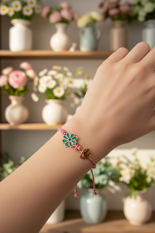 Χειροποίητο βραχιόλι Μάρτης με επιχρυσωμένη μαργαρίτα με βιτρώ σμάλτο και επιχρυσωμένη πασχαλίτσα So Cute by Dimi
