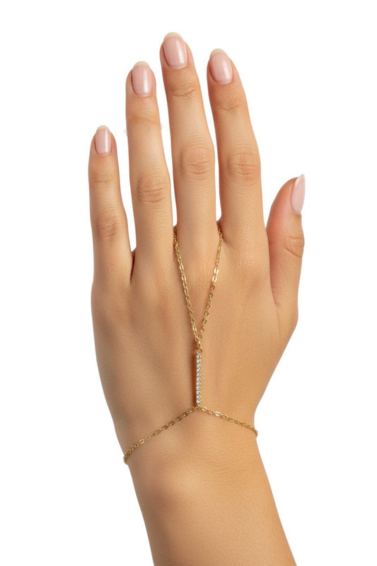 Ατσάλινο βραχιόλι-δαχτυλίδι hand chain με λεπτή αλυσίδα και μπάρα με στρας σε χρυσό και ασημί – So Cute by Dimi