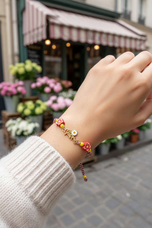 Χειροποίητο μαρτάκι March Bloom με κόκκινο-λευκό κορδόνι, λουλουδάκια φίμο και επίχρυσο στοιχείο Μάρτης με μαργαρίτα – So Cute by Dimi