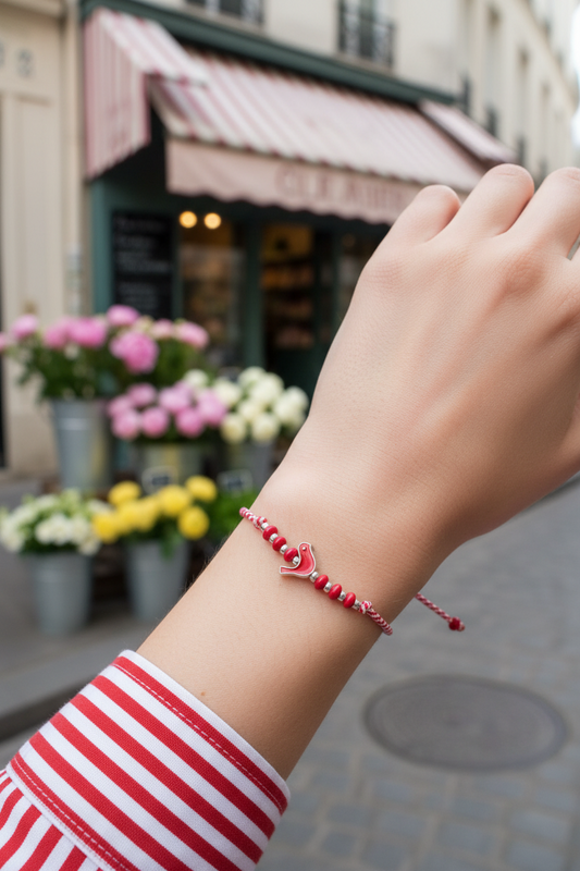 Χειροποίητο μαρτάκι με κόκκινο-λευκό κορδόνι, μεταλλικές και συνθετικές χάντρες και μικρό πουλάκι με κόκκινο σμάλτο, So Cute by Dimi