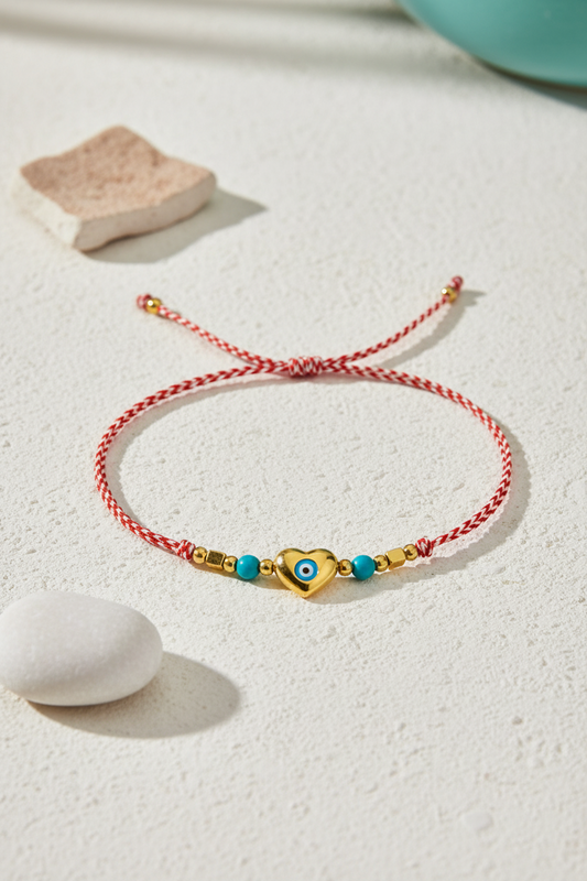 Ατσάλινο βραχιόλι Μάρτης Kallisti με καρδιά μάτι, χάντρες χαολίτη και κόκκινο κορδόνι – So Cute by Dimi