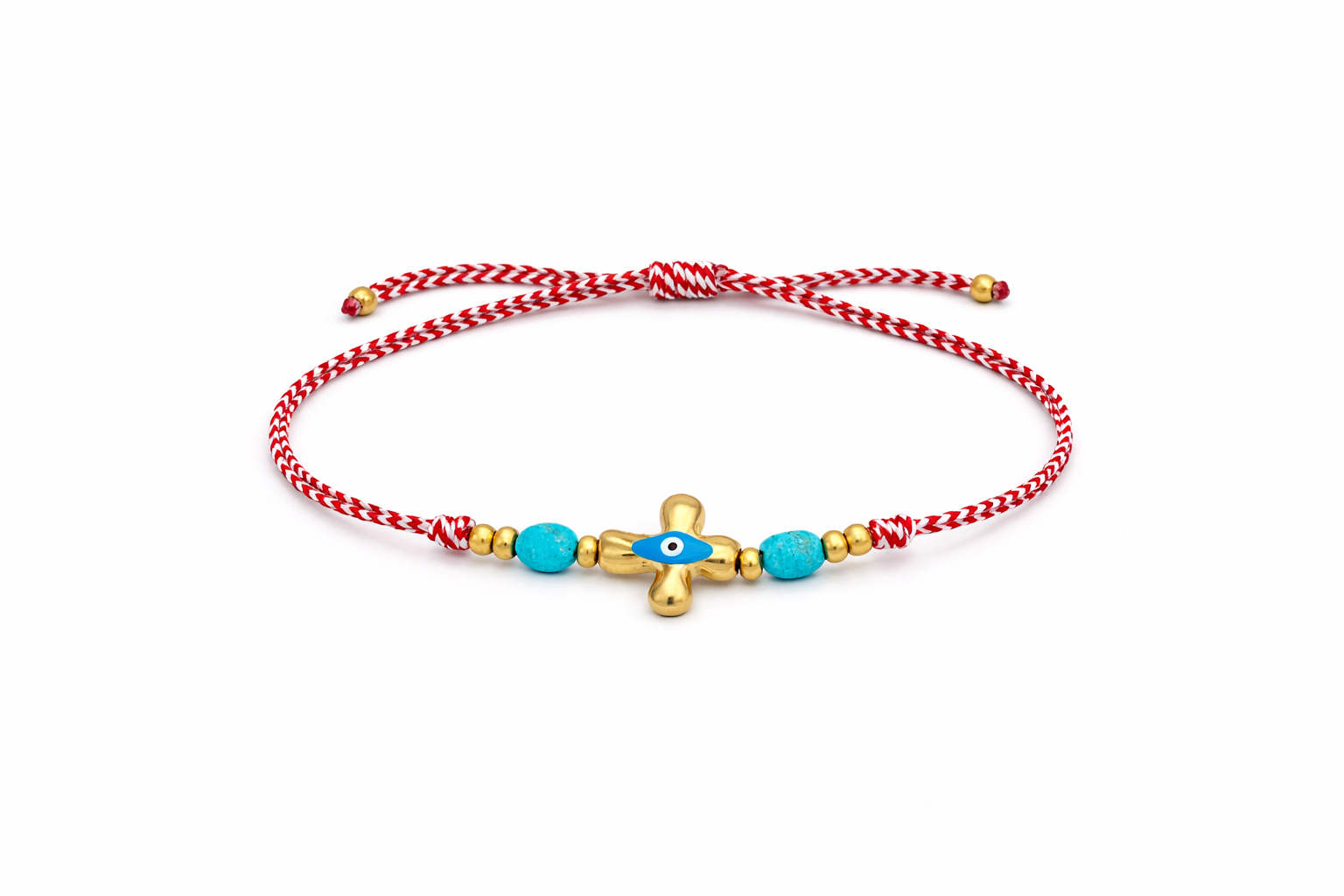 Ατσάλινο βραχιόλι Μάρτης με διπλό κορδόνι, σταυρό με μάτι και τιρκουάζ χάντρες – So Cute by Dimi