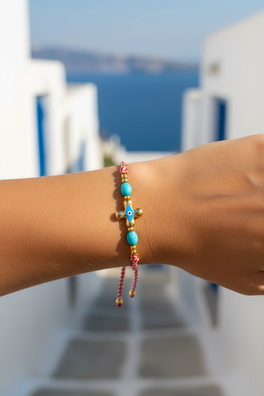 Ατσάλινο βραχιόλι Μάρτης με διπλό κορδόνι, σταυρό με μάτι και τιρκουάζ χάντρες – So Cute by Dimi