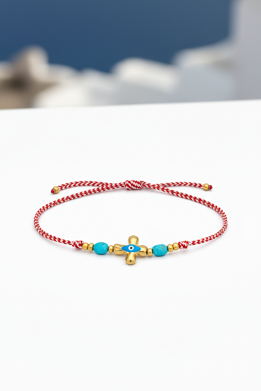 Ατσάλινο βραχιόλι Μάρτης με διπλό κορδόνι, σταυρό με μάτι και τιρκουάζ χάντρες – So Cute by Dimi