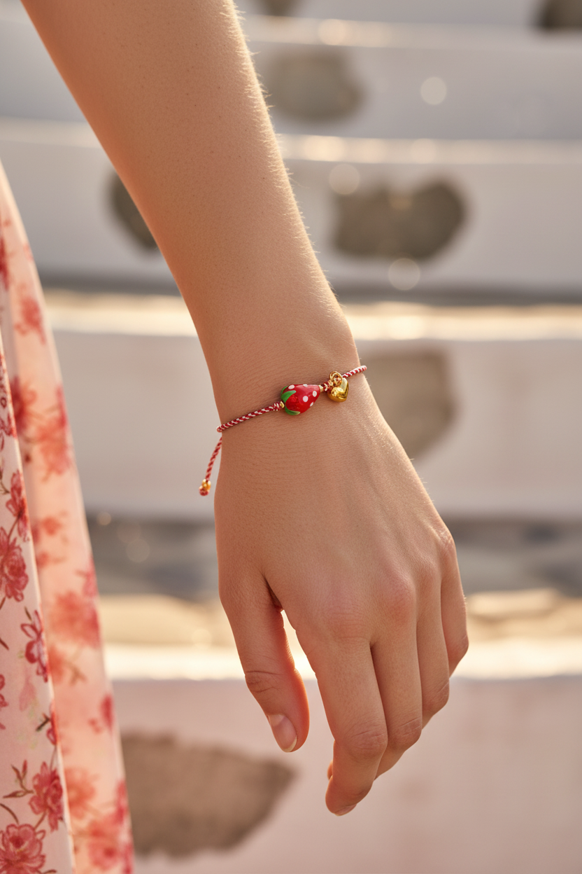 Χειροποίητο βραχιόλι Μάρτης με φράουλα και χρυσή καρδιά So Cute by Dimi