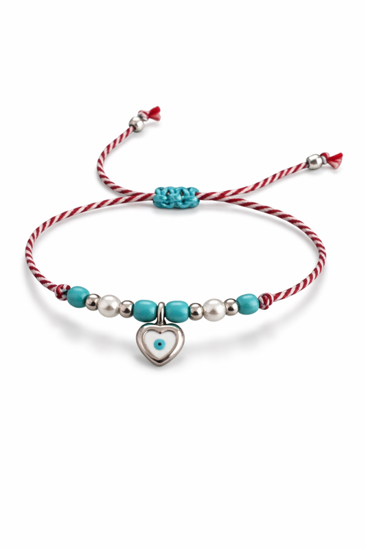 Χειροποίητο βραχιόλι Μάρτης με χαολίτη, πέρλες και επάργυρη καρδιά με μάτι – So Cute by Dimi