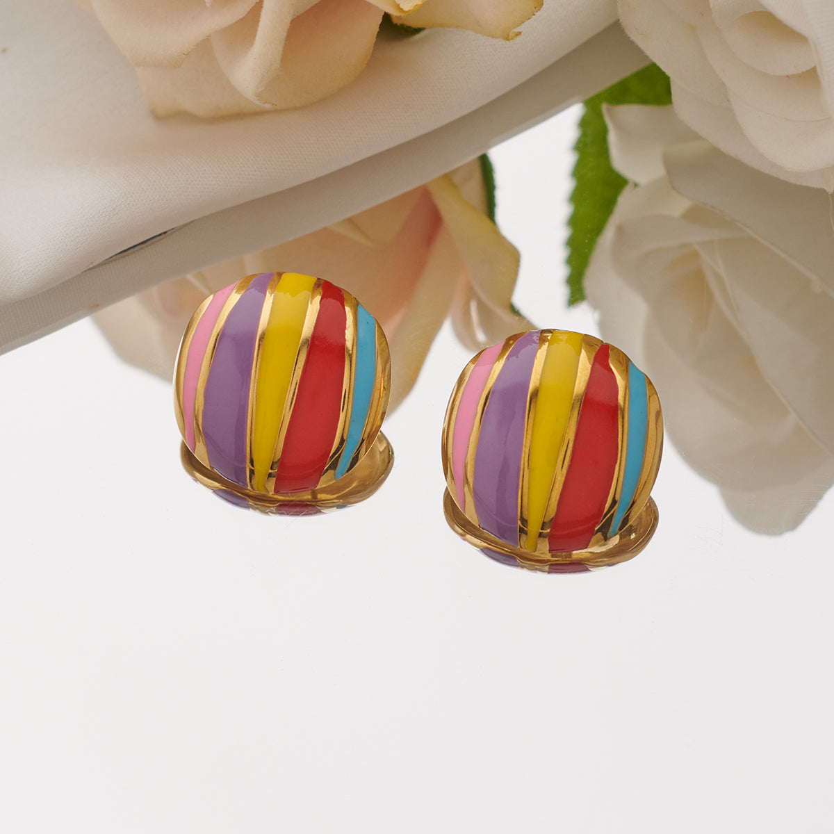 Artistic Round Stripe Enamel Plating 304 Stainless Steel 18K Gold Plated Ear Studs