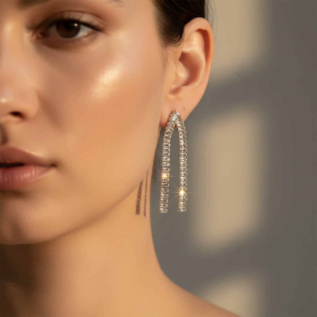 Χονδρική — χρυσά crystal σκουλαρίκια 6cm, κοντινό φορεμένο για παρουσίαση προϊόντος