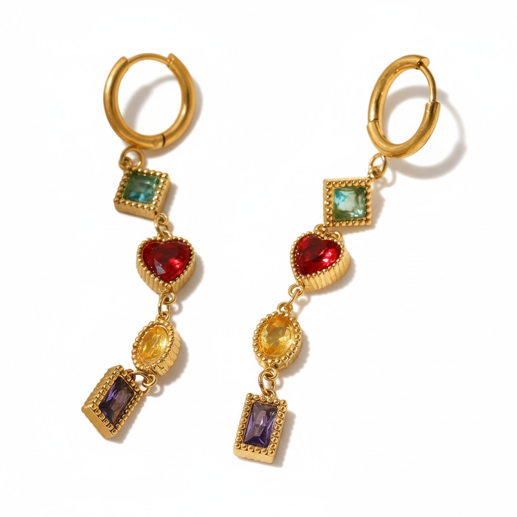 Gold hoop earrings με πολύχρωμα zircon charms (blue, red heart, yellow, purple) – So Cute by Dimi Wholesale