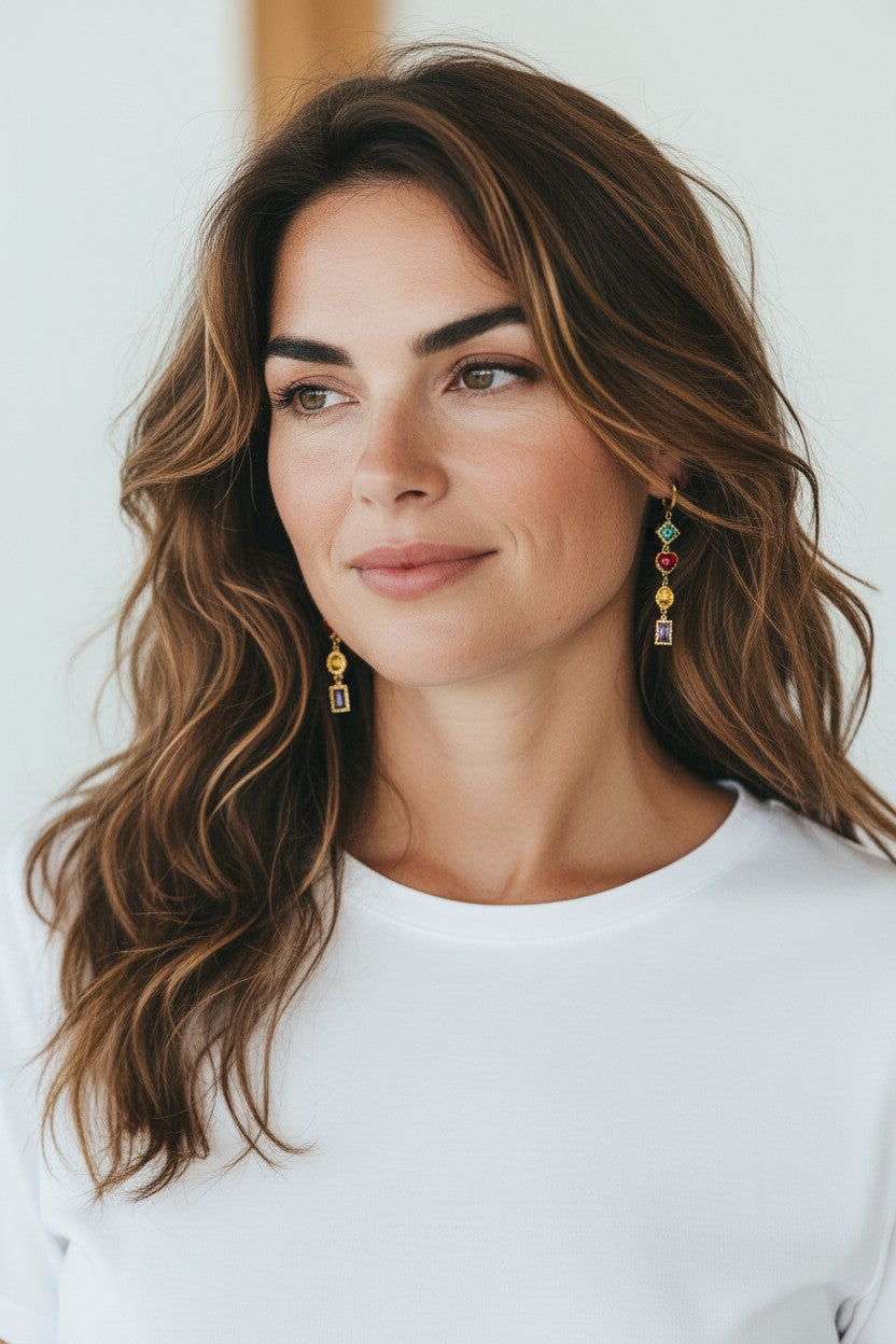 Gold hoop earrings με πολύχρωμα zircon charms (blue, red heart, yellow, purple) – So Cute by Dimi Wholesale