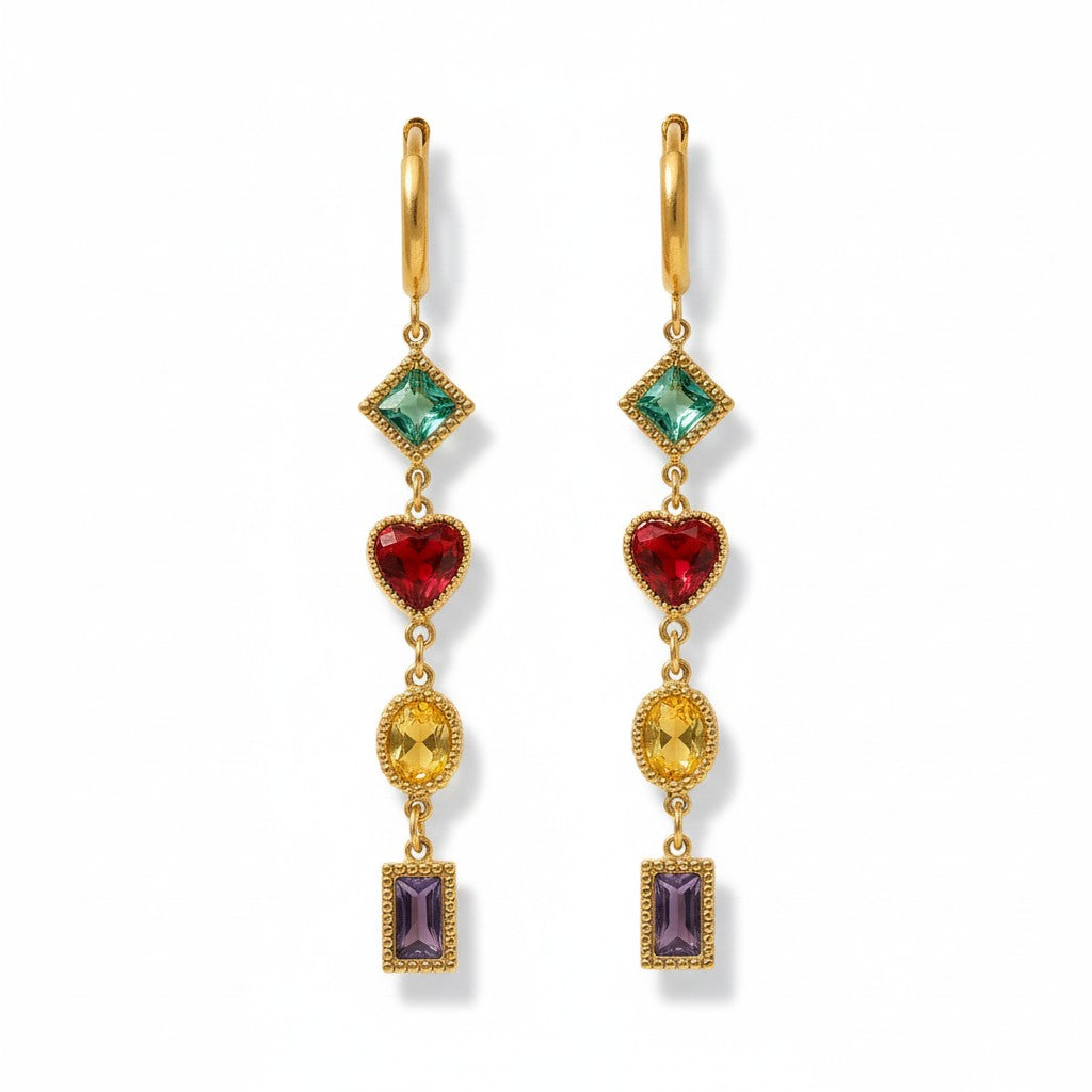 Gold hoop earrings με πολύχρωμα zircon charms (blue, red heart, yellow, purple) – So Cute by Dimi Wholesale