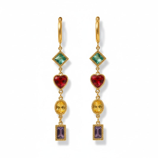 Gold hoop earrings με πολύχρωμα zircon charms (blue, red heart, yellow, purple) – So Cute by Dimi Wholesale