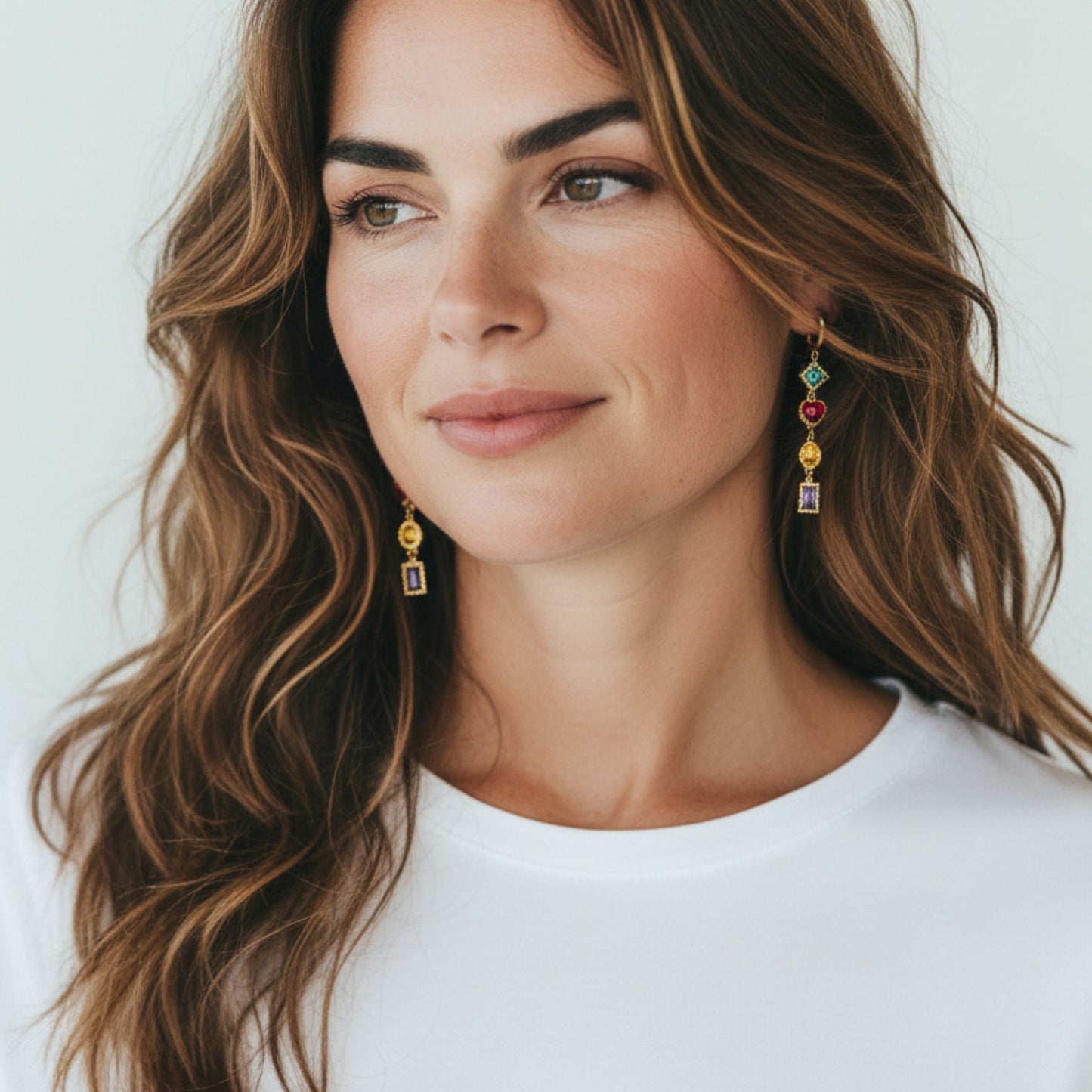 Gold hoop earrings με πολύχρωμα zircon charms (blue, red heart, yellow, purple) – So Cute by Dimi Wholesale