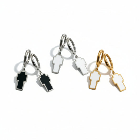 Ατσάλινα σκουλαρίκια mini κρίκος 12mm με σμάλτο και σταυρό So Cute by Dimi
