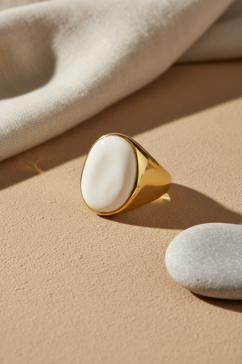 Pearl Queen Ring stainless steel oval mother of pearl effect gold tone So Cute by Dimi