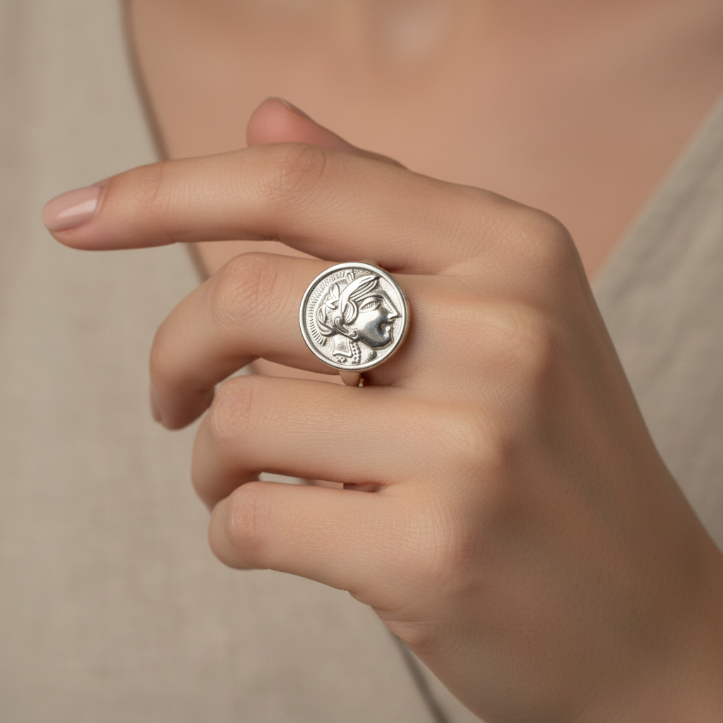 Athena Coin Ring ατσάλινο δαχτυλίδι με ανάγλυφο σχέδιο Αθηνάς κωδικός 1-503-0921 So Cute by Dimi
