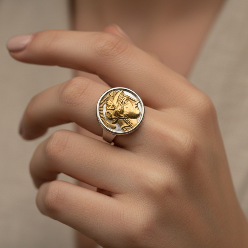 Athena Coin Ring ατσάλινο δαχτυλίδι με ανάγλυφο σχέδιο Αθηνάς κωδικός 1-503-0921 So Cute by Dimi