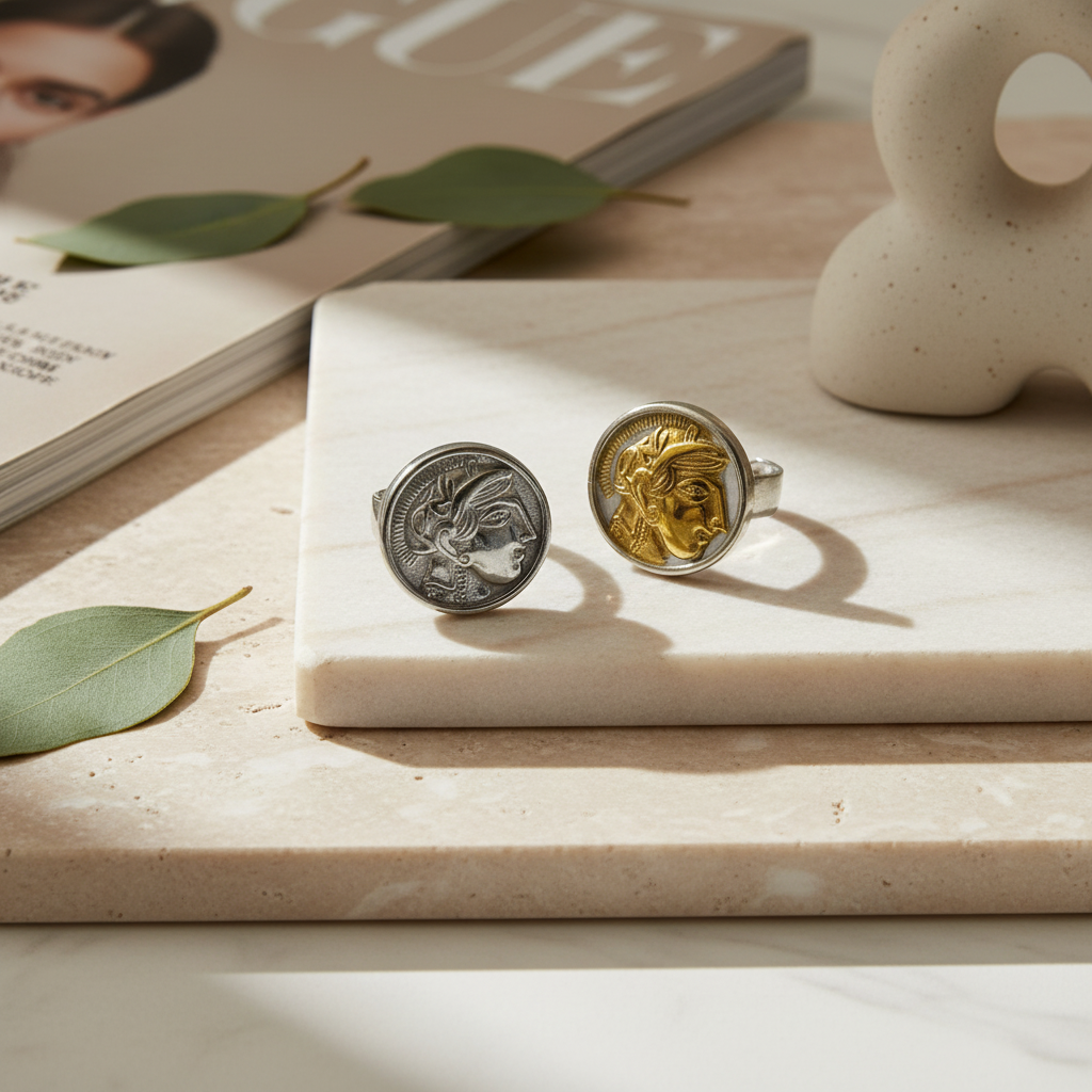 Athena Coin Ring ατσάλινο δαχτυλίδι με ανάγλυφο σχέδιο Αθηνάς κωδικός 1-503-0921 So Cute by Dimi