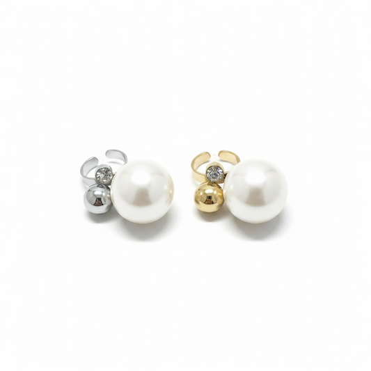 Ατσάλινο statement δαχτυλίδι Pearl Sphere Ring με μεγάλη πέρλα, μεταλλική μπίλια και ζιργκόν – So Cute by Dimi