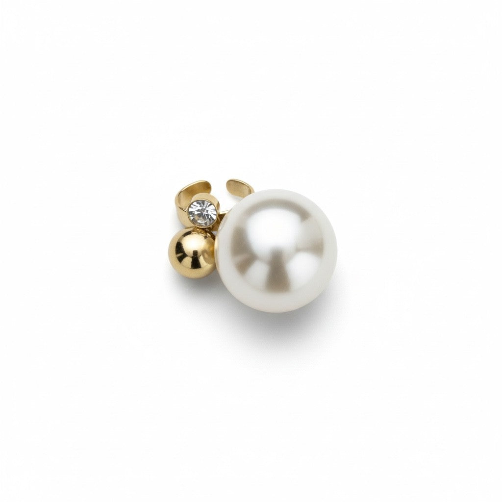 Ατσάλινο statement δαχτυλίδι Pearl Sphere Ring με μεγάλη πέρλα, μεταλλική μπίλια και ζιργκόν – So Cute by Dimi