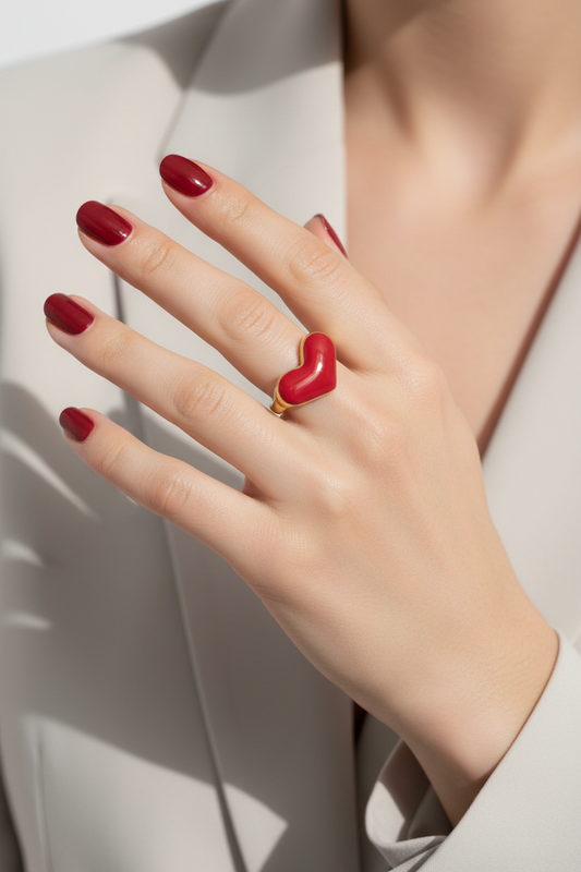 Ατσάλινο δαχτυλίδι με κόκκινη καρδιά από σμάλτο σε λευκό φόντο – So Cute by Dimi