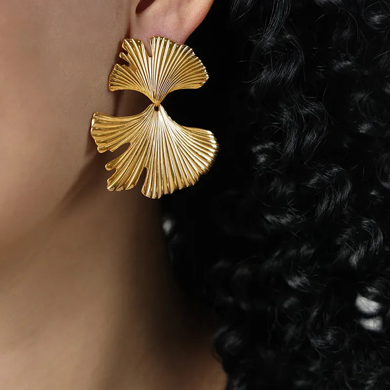 Ginkgo Leaf Titanium Steel 18k Gold Plated Ear Studs