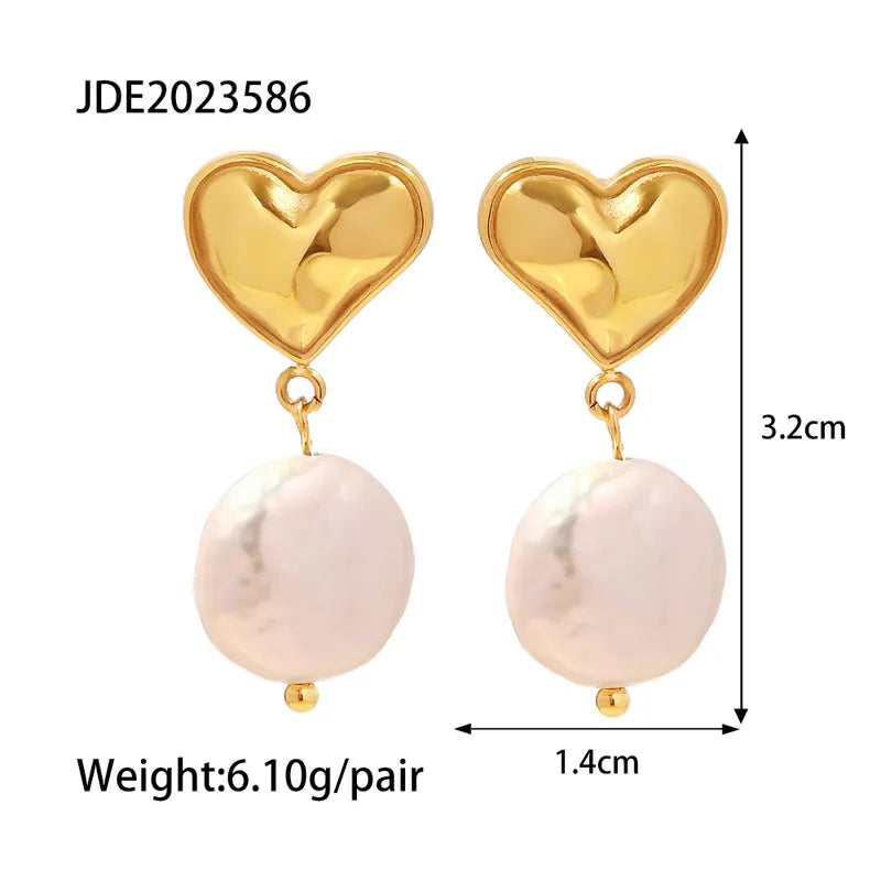 Elegant Heart Shape Stainless Steel Pearl Plating 18k Gold Plated Drop Earrings
