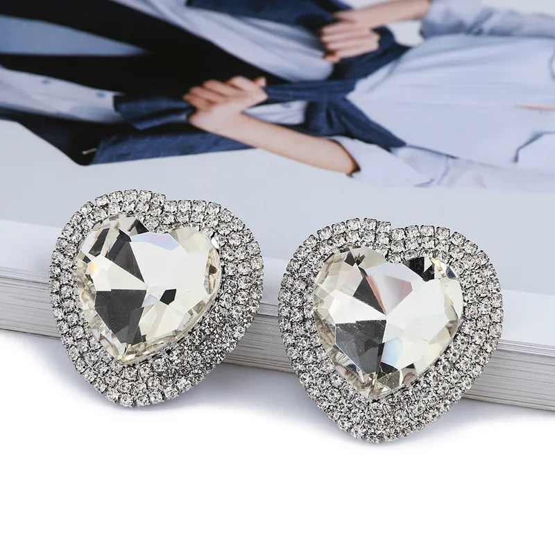 Fashion Heart Shape Metal Inlay Rhinestones Women's Ear Studs