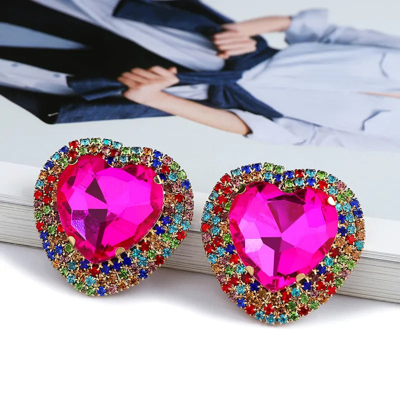 Fashion Heart Shape Metal Inlay Rhinestones Women's Ear Studs