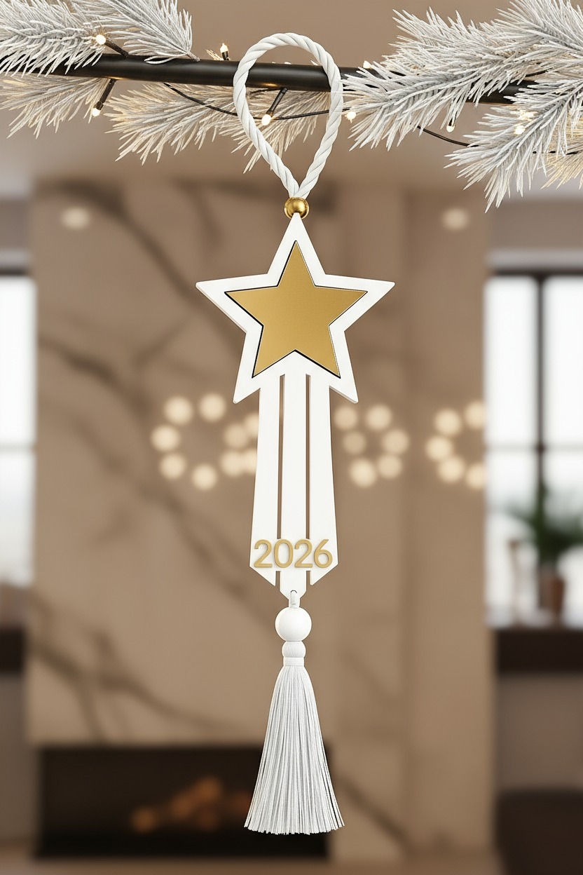 Plexiglass γούρι αστέρι Symbolic Luxe 2026 μαύρο ή λευκό με φούντα — So Cute by Dimi Wholesale