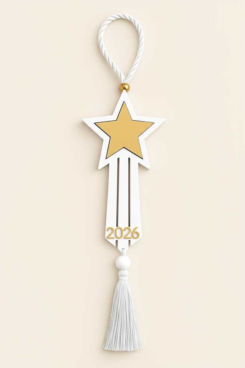 Plexiglass γούρι αστέρι Symbolic Luxe 2026 μαύρο ή λευκό με φούντα — So Cute by Dimi Wholesale