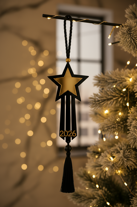 Plexiglass γούρι αστέρι Symbolic Luxe 2026 μαύρο ή λευκό με φούντα — So Cute by Dimi Wholesale