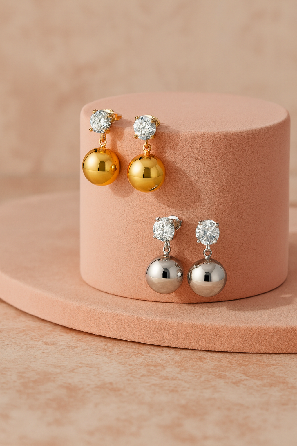 Ατσάλινα Σκουλαρίκια με Ζιργκόν & Στρογγυλή Μεταλλική Σφαίρα | So Cute By Dimi