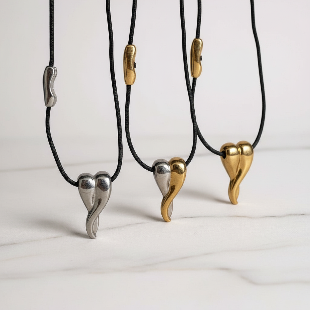 Κολιέ Melted Heart από ατσάλι σε χρυσό, ασημί και δίχρωμο με μαύρο κορδόνι, χονδρική So Cute by Dimi