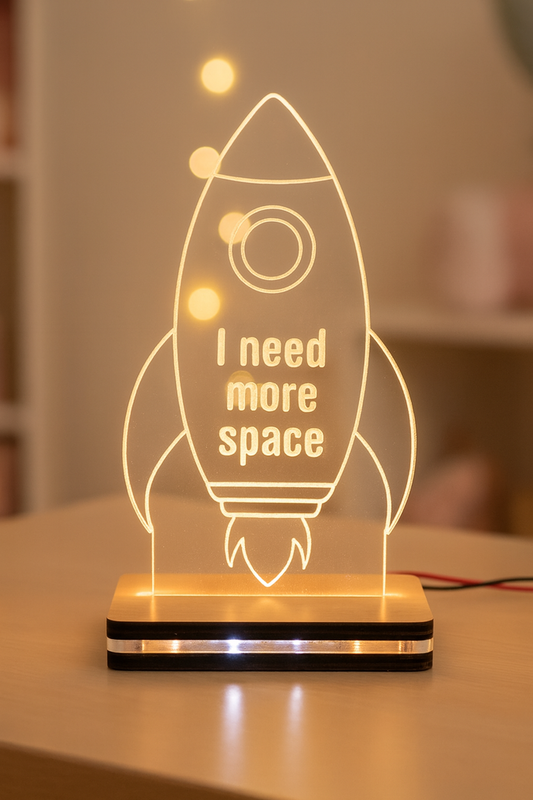 LED φωτιστικό πλεξιγκλάς διαστημόπλοιο με ξύλινη βάση και laser χαραγμένο quote για αγορίστικο δωμάτιο