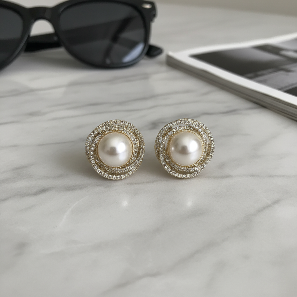 Ατσάλινα σκουλαρίκια με πέρλα και στρας σε χρυσό & ασημί, Halo Glow So Cute by Dimi – χονδρική So Cute Wholesale.