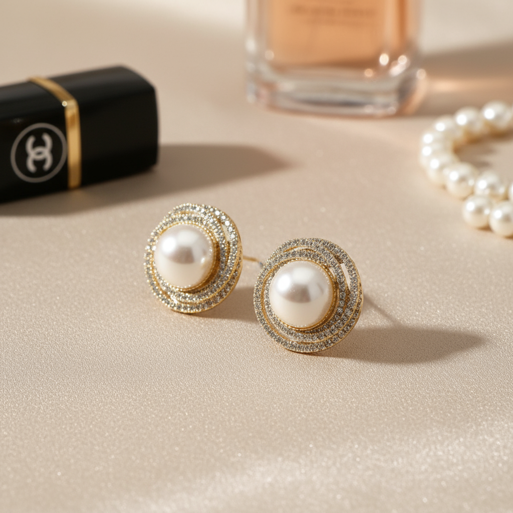 Ατσάλινα σκουλαρίκια με πέρλα και στρας σε χρυσό & ασημί, Halo Glow So Cute by Dimi – χονδρική So Cute Wholesale.