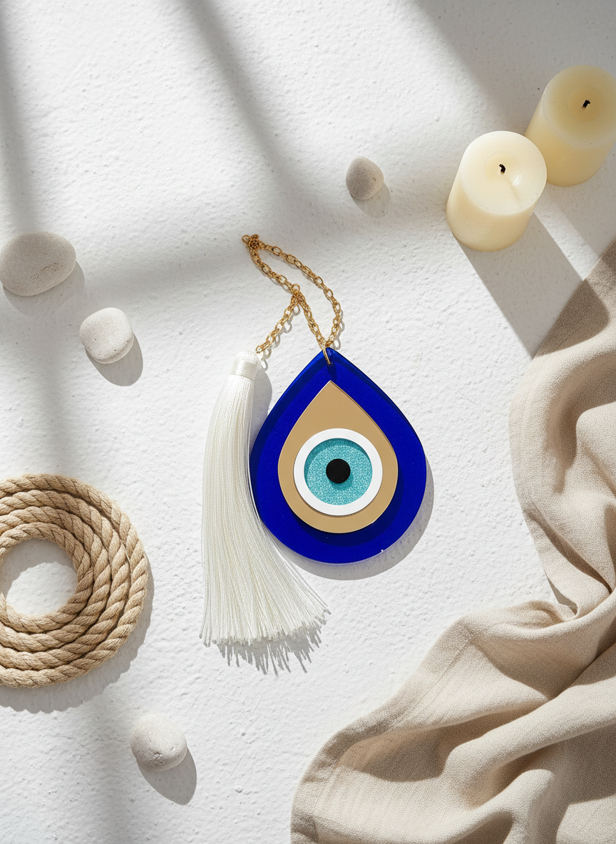 Χονδρικό κρεμαστό γούρι μάτι σταγόνα plexiglass με ατσάλινη αλυσίδα και μακριά φούντα – So Cute by Dimi