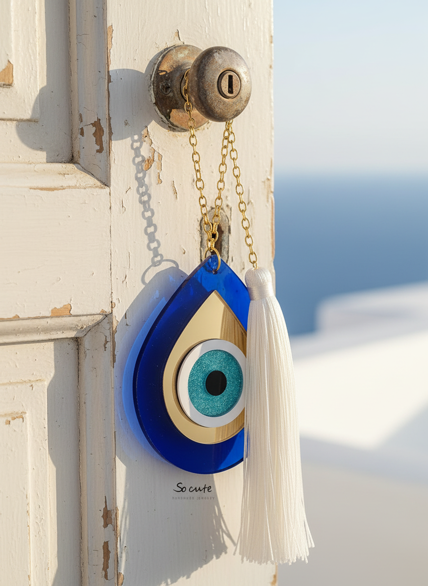 Χονδρικό κρεμαστό γούρι μάτι σταγόνα plexiglass με ατσάλινη αλυσίδα και μακριά φούντα – So Cute by Dimi