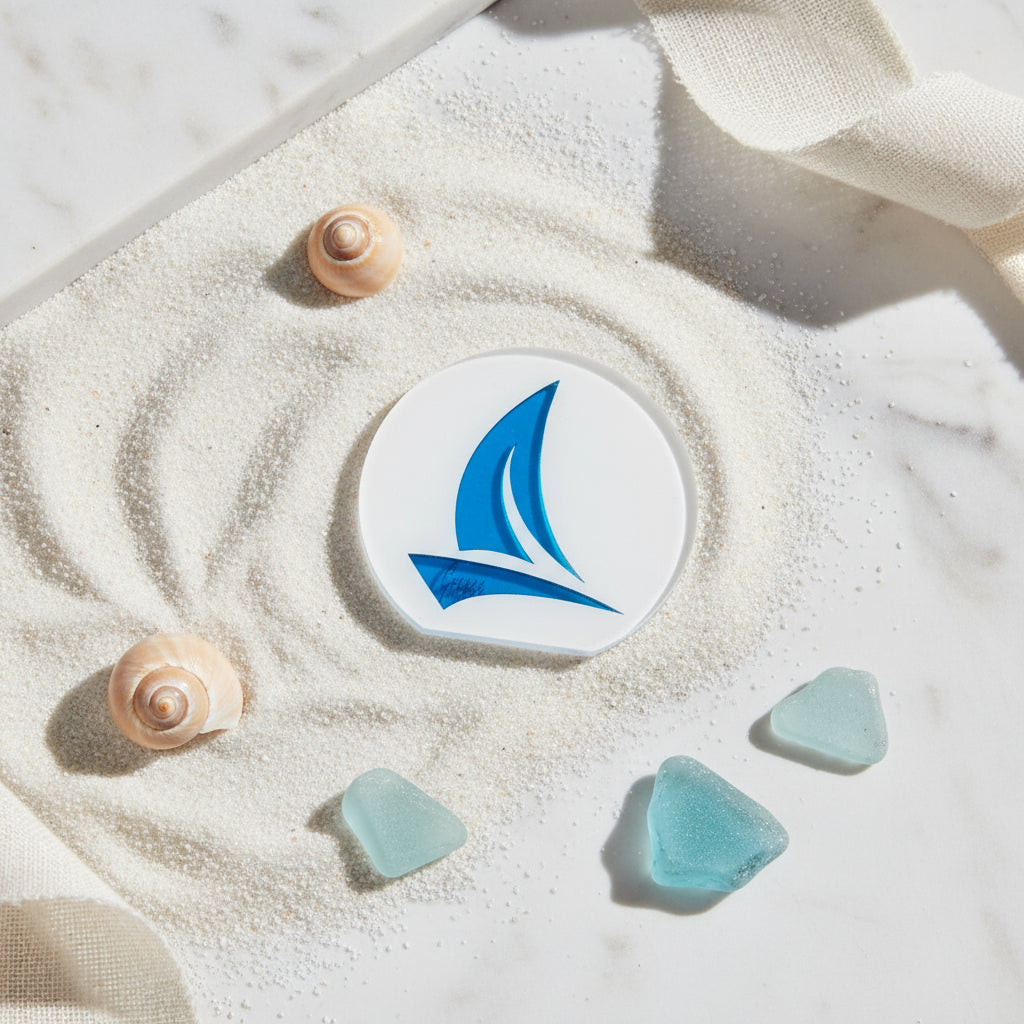 Επιτραπέζιο γούρι Ιστιοφόρο από πλεξιγκλάς καθρέφτη με μπλε και λευκό φινίρισμα και τη λέξη Greece, χειροποίητο So Cute by Dimi – ιδανικό για ναυτικά και καλοκαιρινά δώρα.