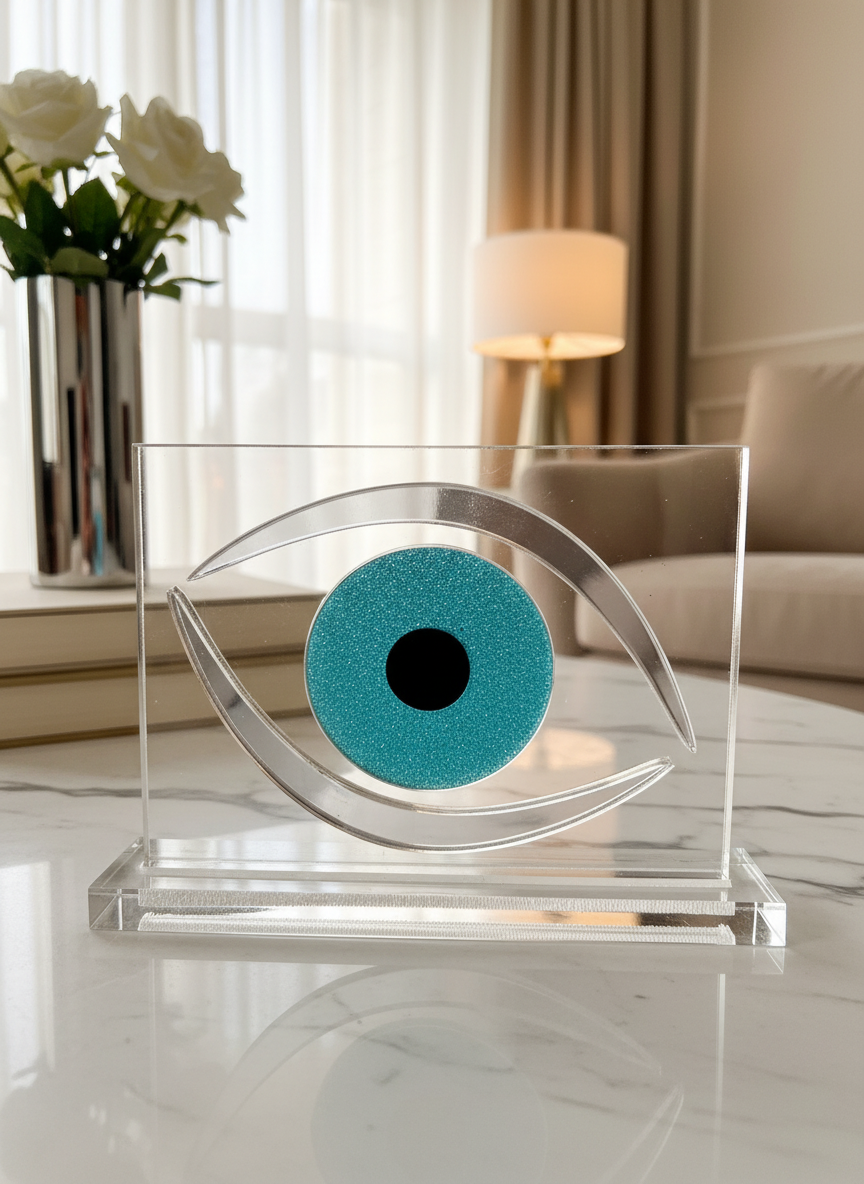 Επιτραπέζιο γούρι μάτι από διάφανο plexiglass με ασημί καθρέφτη και τυρκουάζ glitter – So Cute by Dimi