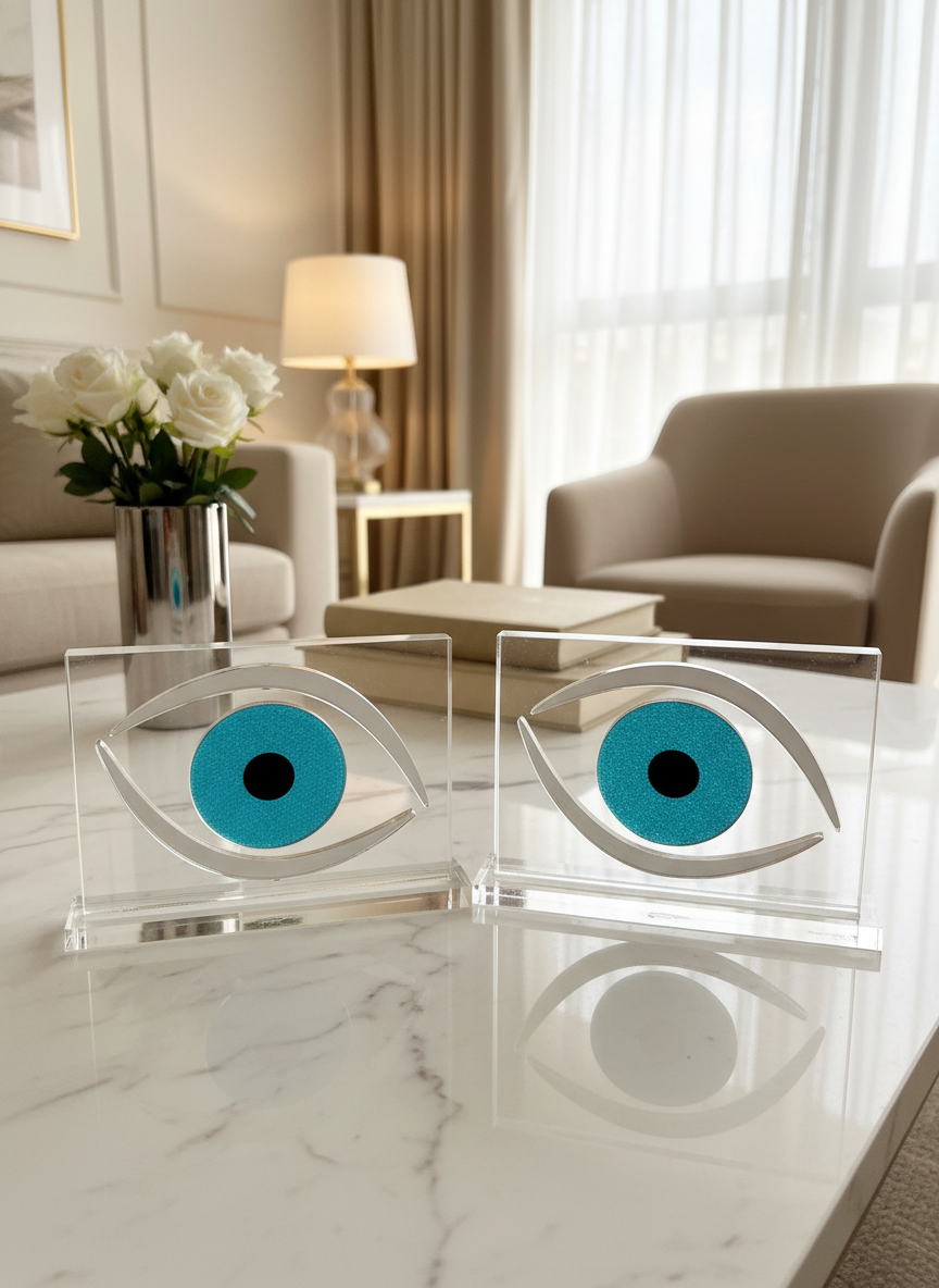 Decorative eye-shaped objects on a marble surface with a modern living room in the background.