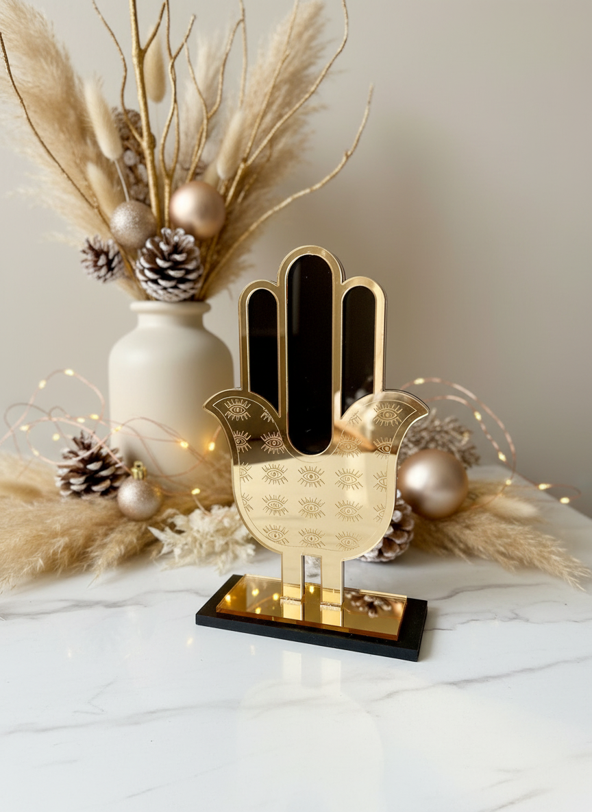 Χονδρική – επιτραπέζιο γούρι χεράκι από μαύρο plexiglass με χρυσό καθρέφτη, χειροποίητο So Cute by Dimi.