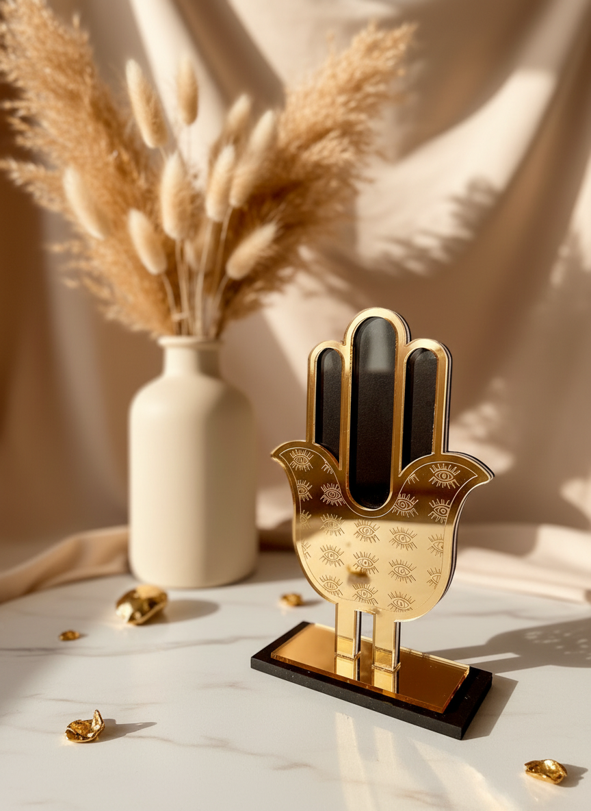 Χονδρική – επιτραπέζιο γούρι χεράκι από μαύρο plexiglass με χρυσό καθρέφτη, χειροποίητο So Cute by Dimi.